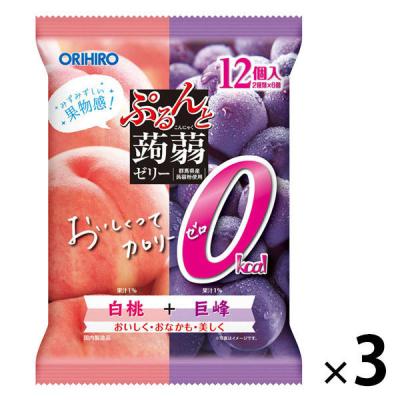 ぷるんと蒟蒻ゼリー カロリーゼロ 白桃+巨峰 1セット（1袋（12個入）×3） オリヒロ　こんにゃくゼリー　ミニパウチタイプ