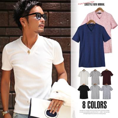 ランダムテレコリブサイド切り替えVネック半袖Tシャツ