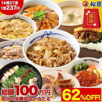(衝撃の62%OFF！驚愕の1食237円！単品合計価格17,220円→6,390円！) 松屋 2026 新春懸賞福袋 14種27食入 新春 新春福袋 福袋 懸賞 非常食