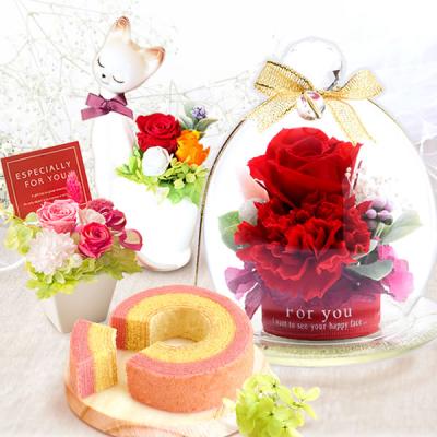 誕生日プレゼント 母 女性 お祝い プレゼント ギフト 花 お菓子 猫 猫好き スイーツ プリザーブドフラワー バラ 花とスイーツ 50代 60代 70代