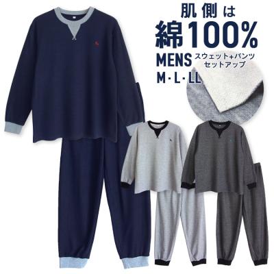 パジャマ メンズ 内側が綿100% 長袖 春 秋向き スウェット上下 リブ仕様 ワンポイント刺繍 ネイビー グレー チャコール M L LL ルームウェア