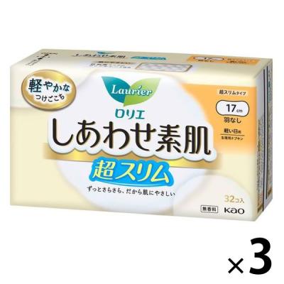 ナプキン 軽い日用 羽なし 17cm ロリエエフ しあわせ素肌 超スリム 1セット（32枚×3個） 花王