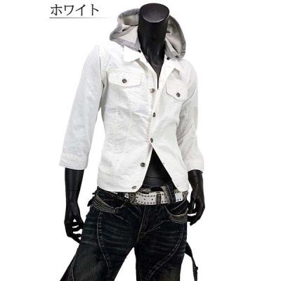 フード付き7分袖デニムジャケット Gジャン カジュアル メンズ 白