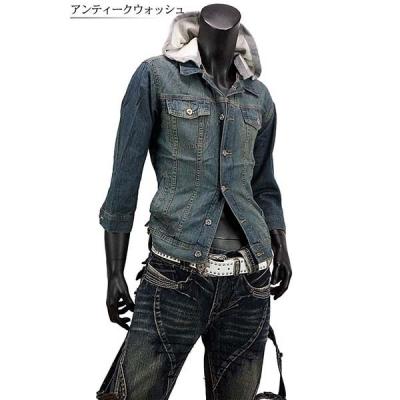 フード付き7分袖デニムジャケット Gジャン カジュアル メンズ 白