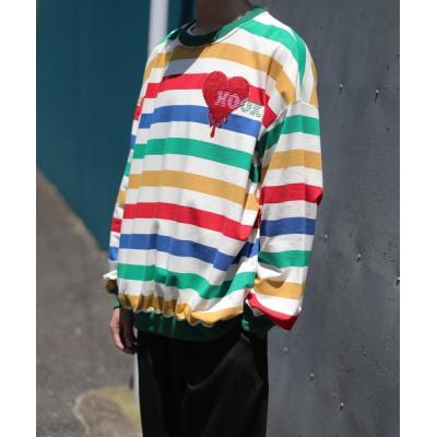 トレーナー スウェット HOOK -original- 溶けるハート刺繍レインボーボーダーリンガースウェット メンズ レディース
