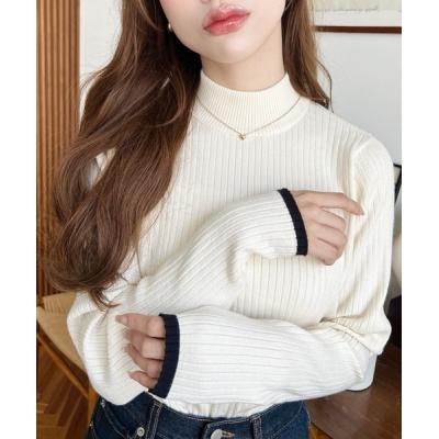 ニット セーター 「累計販売枚数9万枚突破！」12G ボトルネック配色ラインワイドリブニットプルオーバー レディース