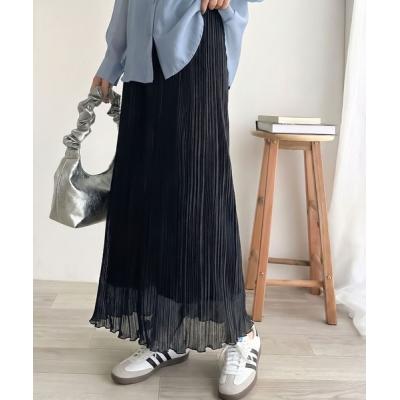 ロング スカート 夏 大人の抜け感スタイル ランダム プリーツ 裾メロウ シャイニー シアースカート