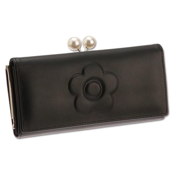 極美品 MARY QUANT エンボスデイジーパール パース がま口 長財布 黒 公式】【エンボスデイジーパール パース】マリークワント MARY QUANT