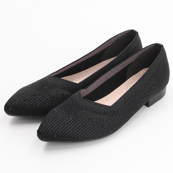 幅広3E】【日本製】ポインテッドトゥキラキラニットフラットパンプス