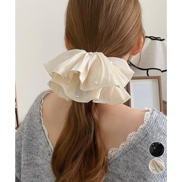 パール付きシュシュ 上品プリーツヘアゴム