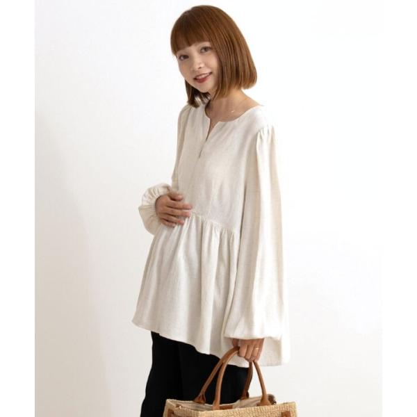 型番：ST-25025ブランド：スウィートマミー商品名：ナチュラルリネン ペプラムブラウス　[マタニティ 産前産後 授乳服]カラー：アイボリー