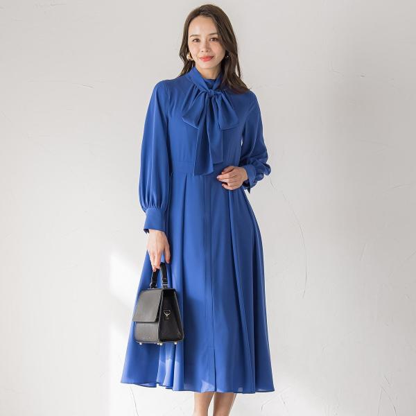 極美品❤︎ブルーレーベル シャンブレー Aライン ワンピース ボウタイ ストレッチ Viaggio Blu（ビアッジョブルー） ボウタイワンピース≪手洗い可能