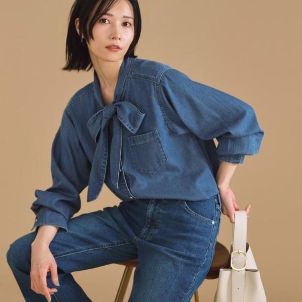 OPAQUE.CLIP セルロース混デニムボウタイブラウス【洗濯機洗い可