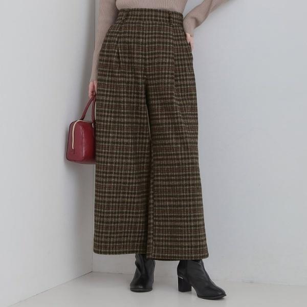 あったかS-LL】脚のラインをきれいに魅せる チェック柄ワイドパンツ