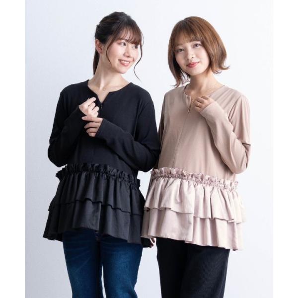 型番：ST-25060ブランド：スウィートマミー商品名：サテンフリル ペプラムトップス マタニティ　[授乳 産前産後]カラー：ココア/ブラック