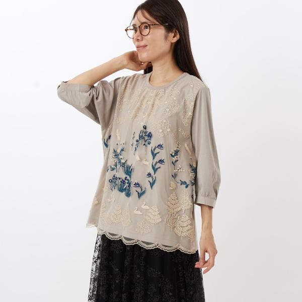花舞う森辺刺繍チュールレース×天竺×コットンタイプライターブラウス