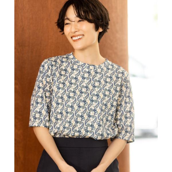 【ひやさらコットン】バックタックペイズリープリント5分袖Tシャツ【綿100％・接触冷感・UVカット】