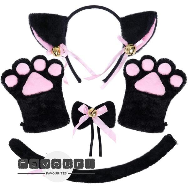 ハロウィン 萌にゃんこ 可愛い 女性 子供 ねこ コスプレ コスチューム 4点セット ねこ コスプレ 仮装 耳カチューシャ 首輪 肉球 しっぽ 黒猫 白猫 コスプレ仮装