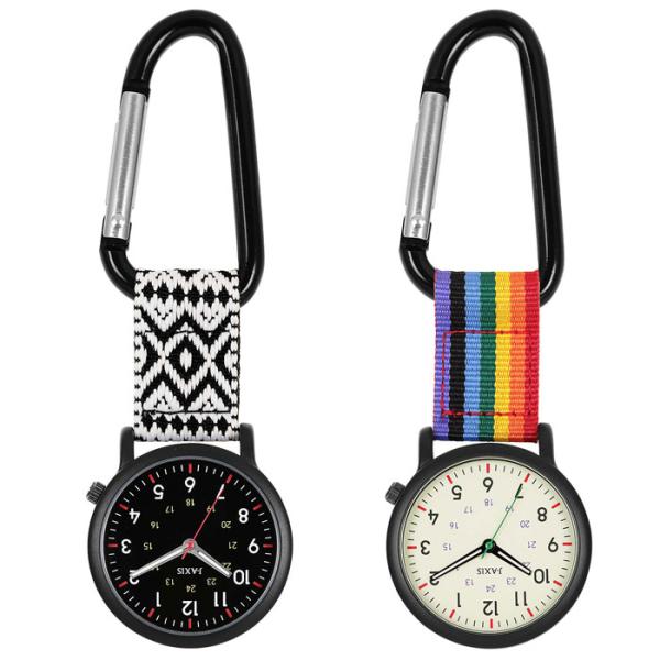 男女問わずに使えるフックタイプウォッチ。シンプルなデザインがスタイリッシュで大人っぽいカラビナウォッチ。虹色のストラップ×ホワイトダイヤルエスニック調のストラップ×ブラックダイヤル の2タイプ。腕時計の苦手な方にもオススメです。全長：約　1...