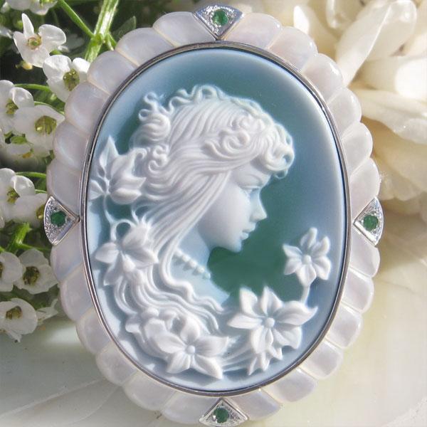 CAMEO（カメオ） H.P Muller作 ストーンカメオ 最高級グリーンメノウ