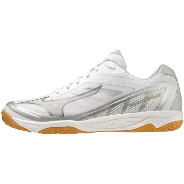 ■メーカー名：mizuno（ミズノ）■品名：MIZUNO FLY■品番：V1GA233009■カラー：09(ホワイト×シルバー×ゴールド)■サイズ：23.5〜25.5cm■幅ラスト：2E相当■重量：約250g(27.0cm片足) ■素材：ア...
