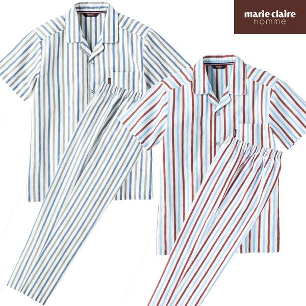 marie claire homme マリ・クレール オム 半袖ストライプパジャマ 同サイズ2色組 肌側綿100％ 春夏 40代 50代 60代 955414 marie claire homme（マリ・クレール オム） マリ・クレール オム 半袖