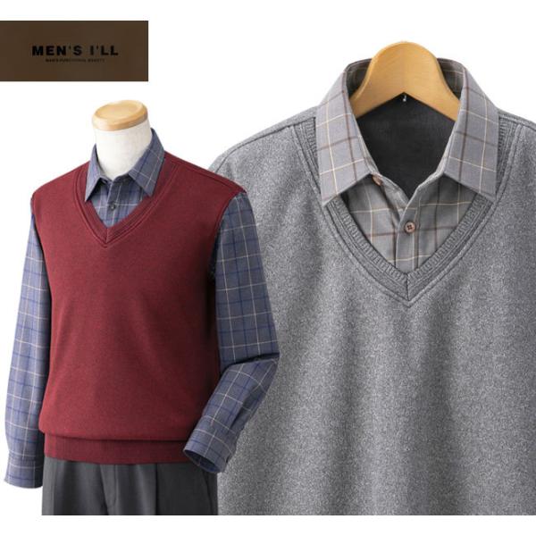 MENS I'LL 重ね着風シャツ 同サイズ2色組 チェック柄シャツにVベストを重ねたように見える 秋冬春 40代 50代 60代 KC52100-SAI 1147kodawaru_kc52100