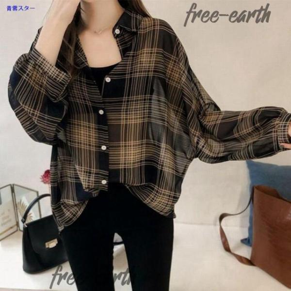 シャツ ブラウス レディース 格子 チェック 長袖 シフォン 袖バルーン ビックシルエット ゆる ゆったり オフィス
