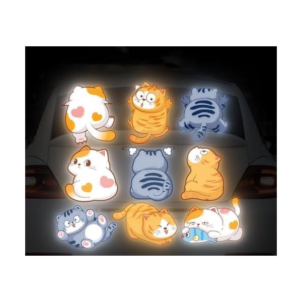 車用デカール 夜光ステッカー 猫パータン9枚セット キズ凹み隠し 防水 漫画風カーフィルム