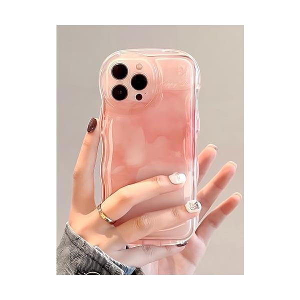 iPhone15用 クリアケース マーブル模様 ピンクグラデーション ウェーブデザイン 滑り止め TPU素材