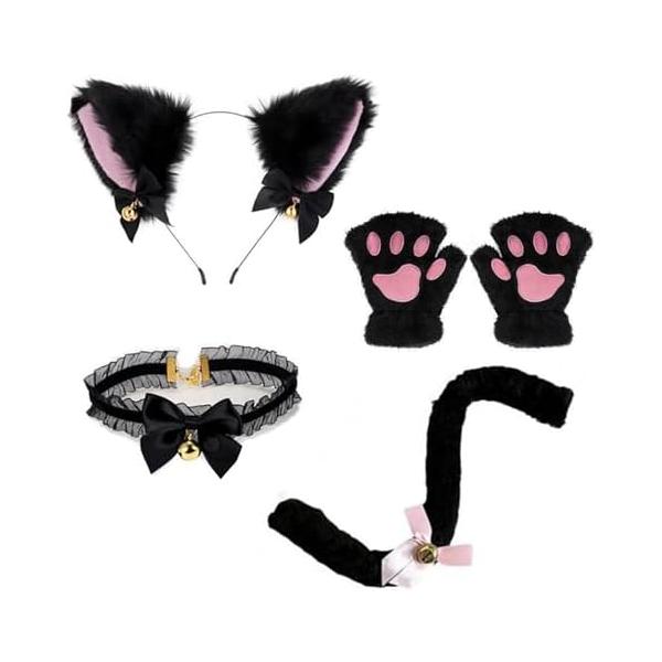 猫耳カチューシャ 首輪 肉球手袋 しっぽ 4点セット ハロウィン コスプレ 仮装小物 鈴付き 蝶結び