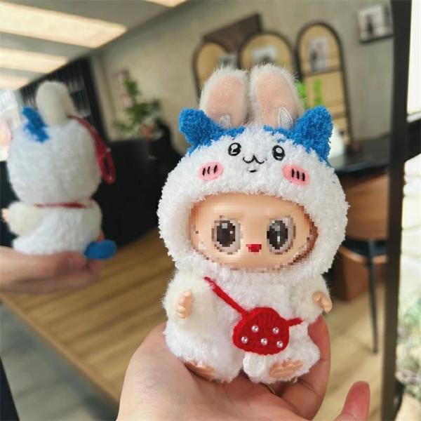Labubu服 手作りデニムオーバーオール&帽子セット 17cmぬいぐるみ用 着せ替えワンピース