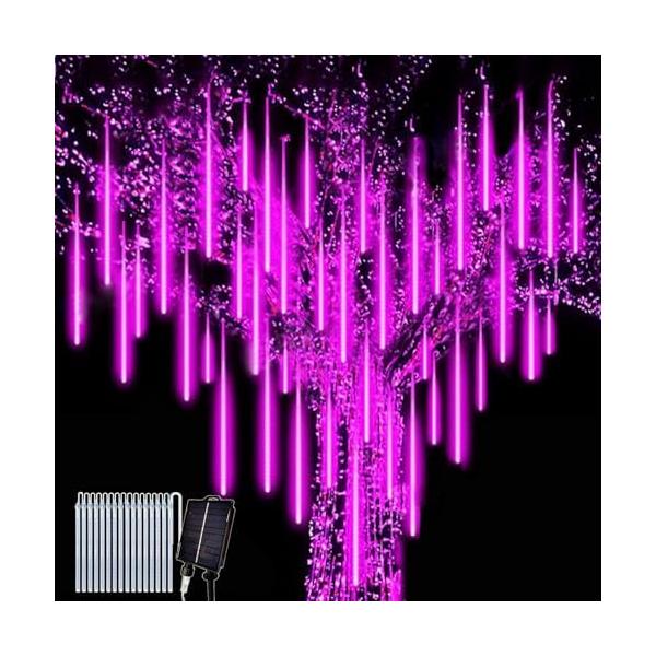 ソーラーLED流星群レインライト 防水IP65 16チューブ384LED パープル 屋外ガーデン装飾 ハロウィンクリスマスパー