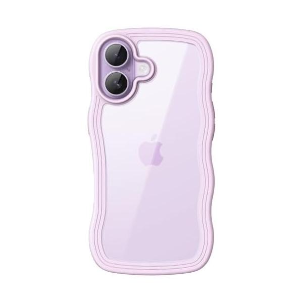 iPhone 17 6.3インチ専用 ウェーブデザイン 耐衝撃 スマホケース クリア パープル 波状フレーム ハードPC TPU 女性向