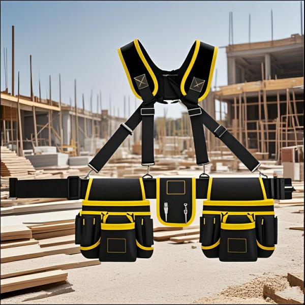 ツールベルト 黒 ファブリック製 大容量 Y字型ストラップ ワークベルト 作業用 メンズ 建築現場 DIY 木工