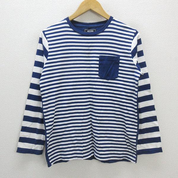 a□ビームス /BEAMS ボーダー柄 胸ポケット 長袖Tシャツ/ロンT【S】紺 