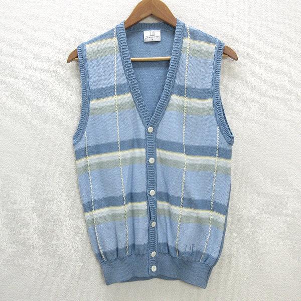a□ダンヒル/dunhill チェック柄 サマーニットベスト【M】水色/MENS/90