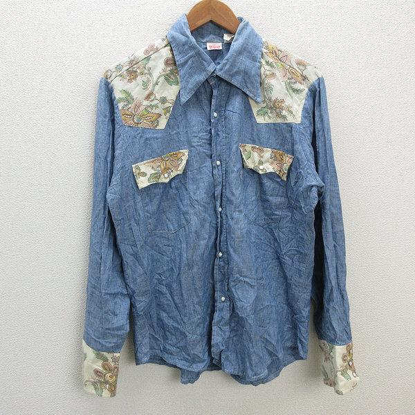 y□USA製 80'S□リーバイス/LEVI'S 花柄切り替え 長袖ウエスタンデニム