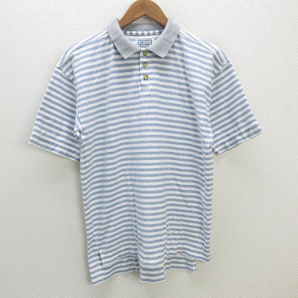 s□シーン/SCENE ボーダー柄 半袖ポロシャツ【M】白 青系/MENS/45 