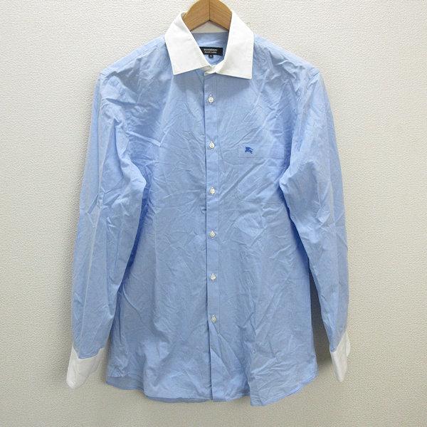 y□バーバリーブラックレーベル/BURBERRY 長袖クレリックシャツ□水色 
