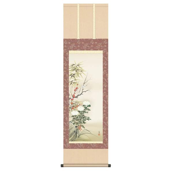 【100周年記念祭】掛軸 掛け軸 花鳥画 年中飾り 四君子 洛彩緞子本表装 尺三 田中広遠 h06-snk-kz5ma1-113
