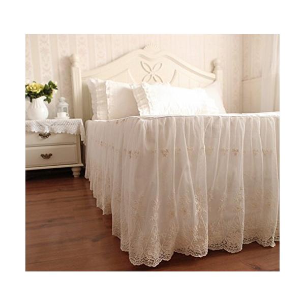 ベッドスカート 綿100% スカート部分が二層 外層がシフォン 刺繍模様 アイボリー (キング)