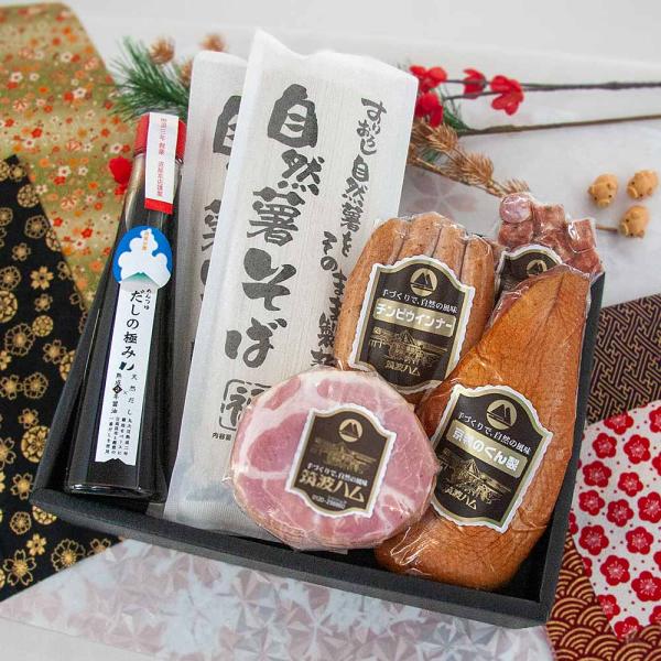 冬の味わい鴨とハムそばギフトセット 和風パストラミ 鶏むね肉くん製 自然薯そば DLG金賞銀賞受賞 内祝い 冬ギフト 御祝 御礼 蕎麦 感謝 贈り物 内祝