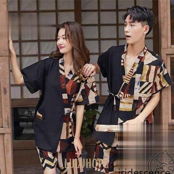 甚平上下セットメンズレディースパジャマオシャレルームウェアユニセックス半袖ス+パンツVネック前開き寝巻き寝巻お風呂