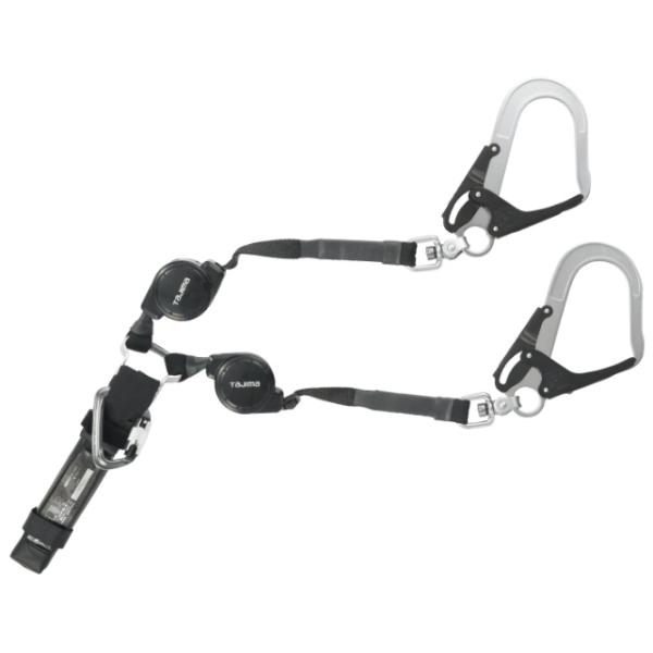 タジマ TAJIMAハーネス用ランヤードCR150F ダブルL5A4CR150F-WL5小型で軽量の巻取器■機能・使用可能質量130kg対応・ランヤード上分岐タイプなので腰袋にロープが掛かりにくい・両側巻取り方式 小型巻取器（ロック装置なし...