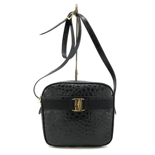 美品 サルヴァトーレフェラガモ ショルダーバッグ ヴァラリボン クロコ型押し 黒 Salvatore Ferragamo サルヴァトーレ フェラガモ ヴァラリボン