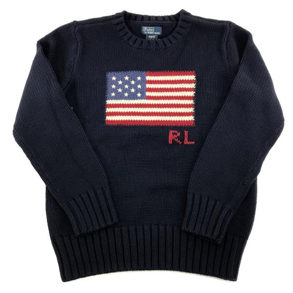 ポロ ラルフローレン POLO Ralph Lauren ニット セーター アメリカ 国旗 星条旗 コットン ネイビー 紺 BOYS ボーイズサイズ M