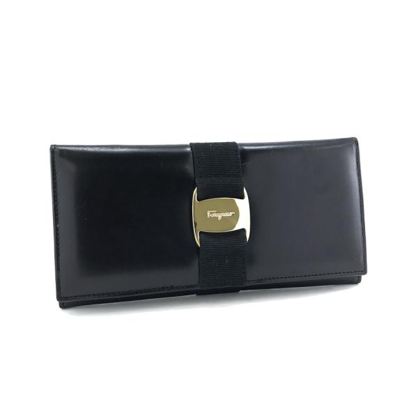 【美品】サルヴァトーレフェラガモ　ブラックリボン　長財布　二つ折り　レザー サルヴァトーレフェラガモ Salvatore Ferragamo 二つ折り長財布