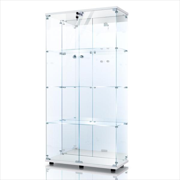 背面ミラー付き！4段式のガラスケース・コレクションケース！強化ガラスを仕様しているため、万が一割れてしまった場合も鋭利な破片ではなく細かな粒状になり大事なコレクションの展示にも安心。カギ付きなので店舗で使用される方にもおすすめです。組み立て...