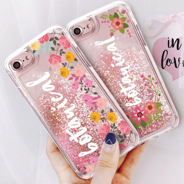 キラキラ 動く グリッター ラメ iPhoneX ケース きらきら 流れる iPhone8 iPhone7 6s iPhone8Plus 7Plus 花柄 ボタニカル ロゴ 大人かわいい ピンク